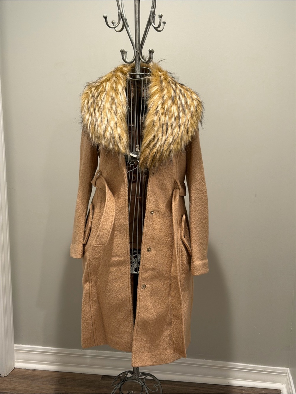 Guess Camel Trench Coat with Faux Fur Removable Collar